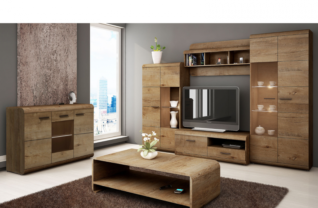 Living Room Furniture Lena 3 Wall Unit Set Oak