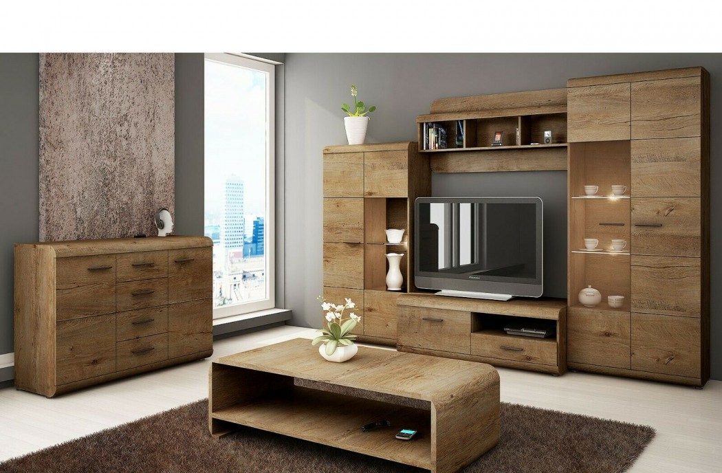 Living Room Furniture Lena 5 Wall Unit Set Oak